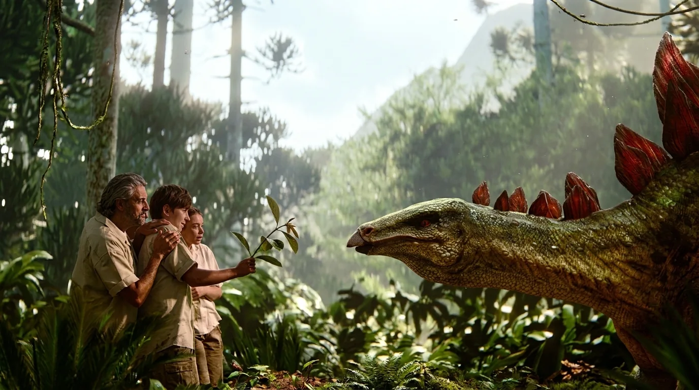 A family offers leaves to a stegosaurus