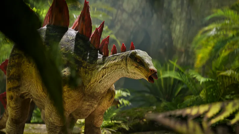 A stegosaurus in a sunlit jungle