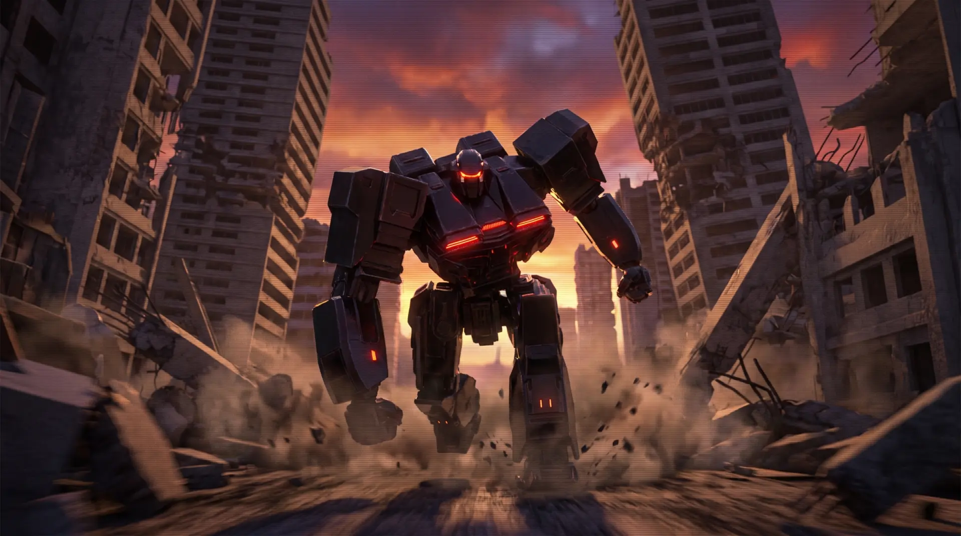 Two machines over a ruined city at dusk