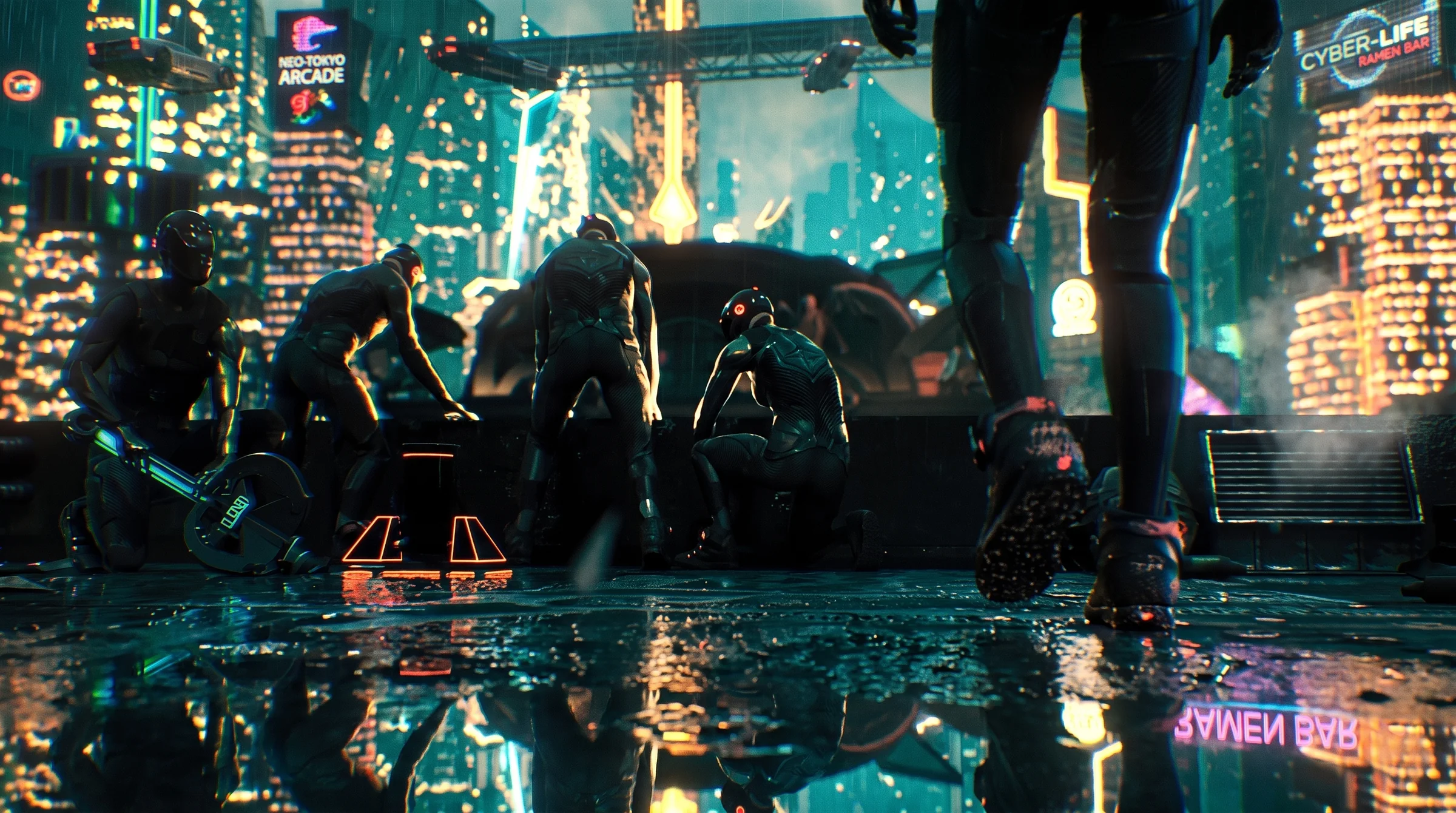 Figures on a rain-wet rooftop above a neon city
