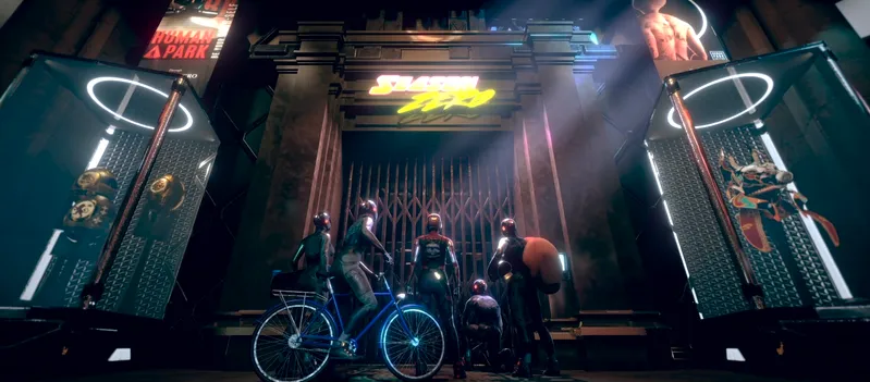 A rider on a neon street at night